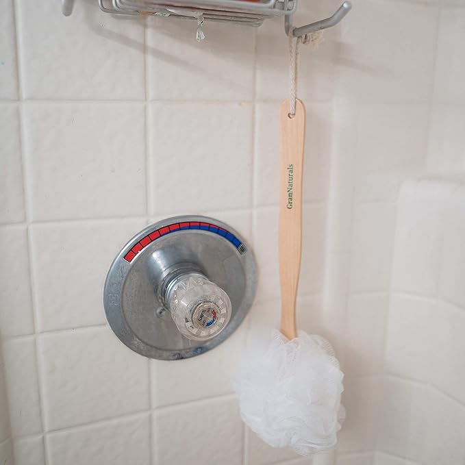 Shower Loofah on a Stick Body & Back Scrubber - Long Handled Mesh Bath Sponge Pouf Luffa Brush on a Stick with a Wood Handle for Men & Women - Easy Reach Body Wash & Lotion Applicator