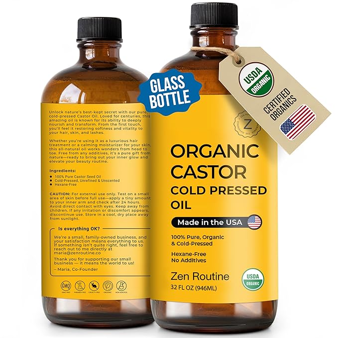 Zen Routine Organic Castor Oil 32oz Cold Pressed Unrefined Glass Bottle – Aceite de Ricino Hair Growth Oil for Hair, Lashes & Castor Oil Packs – USDA Certified, Made in USA
