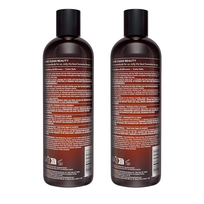HASK Keratin Smoothing Shampoo + Conditioner Set | For All Hair Types, Sulfate-Free, Paraben-Free, Gluten-Free, Cruelty-Free, Color Safe | 12oz each