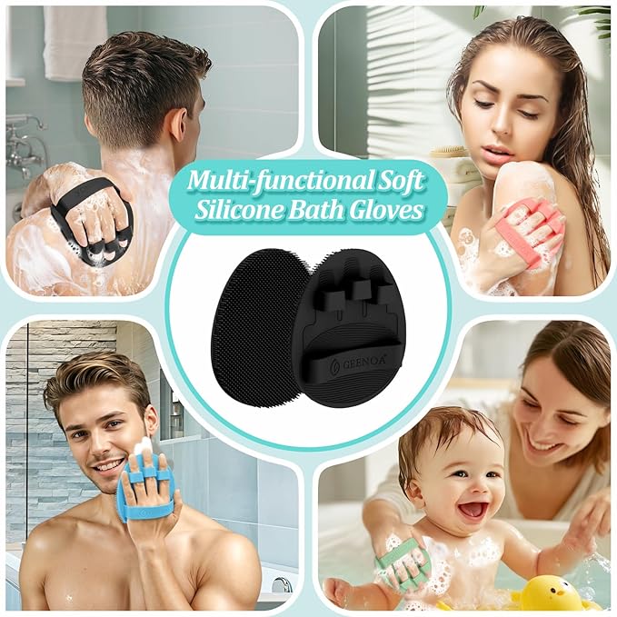 Soft Silicone Bath Gloves 2PCS, 360° Anti-Slip & Enlarged Silicone Body Scrubber for Rich Foaming Deep Cleaning, Revolutionary No-Grip & Hand-fit Shower Scrubber for All Skin Types.(Blackx2)
