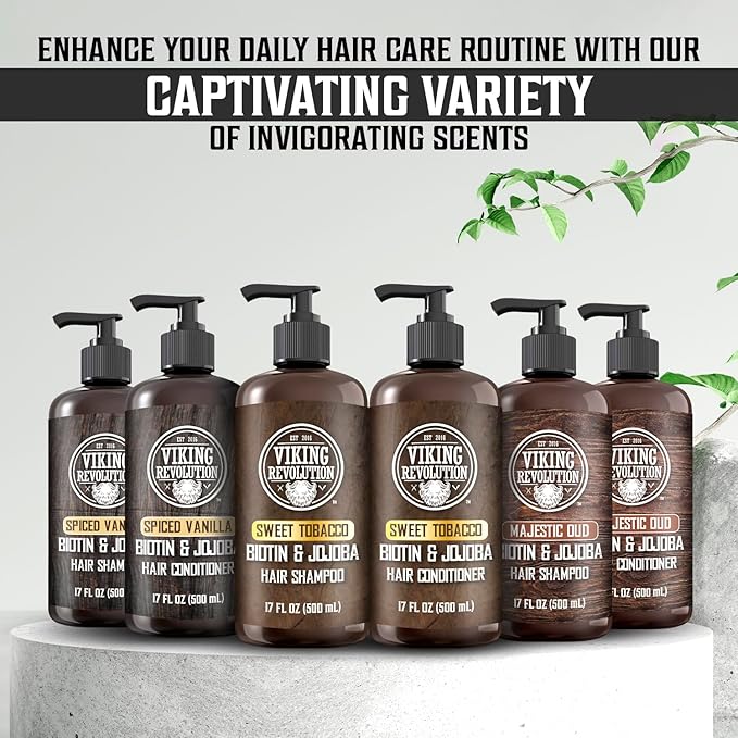 Viking Revolution Sweet Tobacco Mens Shampoo and Conditioner Set with Biotin and Jojoba Oil - Natural Hair Shampoo and Hair Conditioner for Men with Vitamin B5 - Mens Shampoo for Thinning Hair (17Oz)
