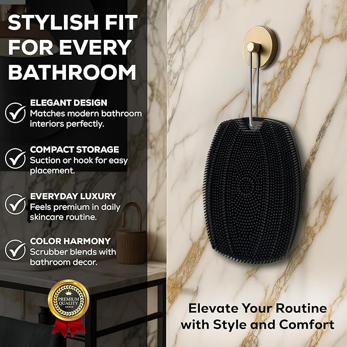 Silicone Body Scrubber – Exfoliating Shower Brush with Suction Handle & Hook, Soft Loofah for Men, Women, Babies, Gentle, Hygienic, Reusable - Graphite Black