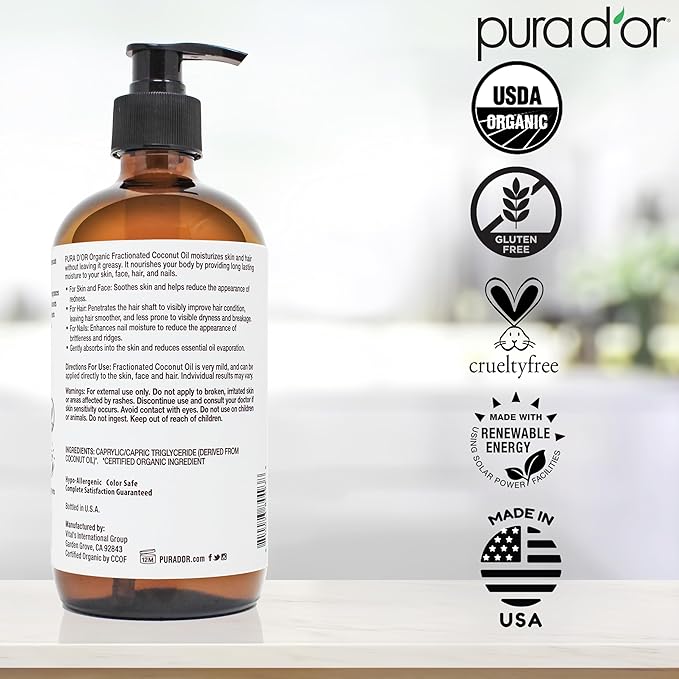 PURA D'OR 16.9 Oz ORGANIC Fractionated Coconut Oil (GLASS BOTTLE) USDA Certified MCT Oil – Therapeutic, Lightweight Moisturizer – Hexane Free Carrier Oil For Essential Oils, Massage – Face, Hair, Body