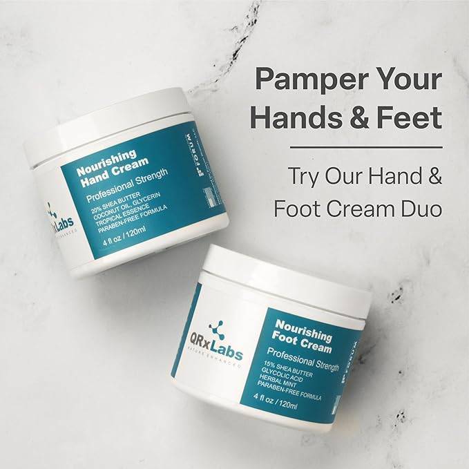 QRxLabs Shea Foot Cream 4 oz - Hydrating & Cooling Formula with 15% Shea Butter, Spearmint, Vitamin E, Glycolic Acid - Non-Greasy, Quick-Absorbing, Paraben-Free - Repair Dry, Cracked Feet