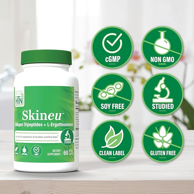 Skineu Collagen Tripeptide + L-Ergothioneine | Advanced Anti-Aging Formula | Morikol® Marine Collagen | Supports Skin Hydration, Elasticity & Joint Health | Non-GMO & Gluten-Free | 60 VegeCapsules