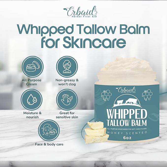 Beef Tallow Balm – Natural Grass Fed Whipped Tallow and Honey All Purpose Balm – Moisturizing Face and Body Lotion for Eczema, Cracked, Dry, Itchy, Irritated Skin – Skin Repair Skincare Made in USA
