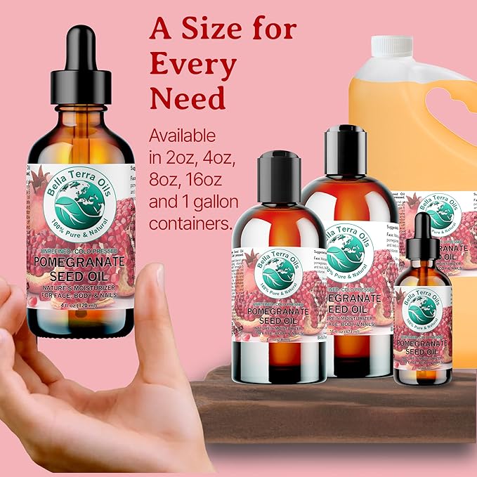 Bella Terra Oils - Organic Pomegranate Seed Oil 4 oz - A Powerhouse of Nutrients & Essential Fatty Acids, Delightfully Cold-Pressed for Pure Skin Nourishment