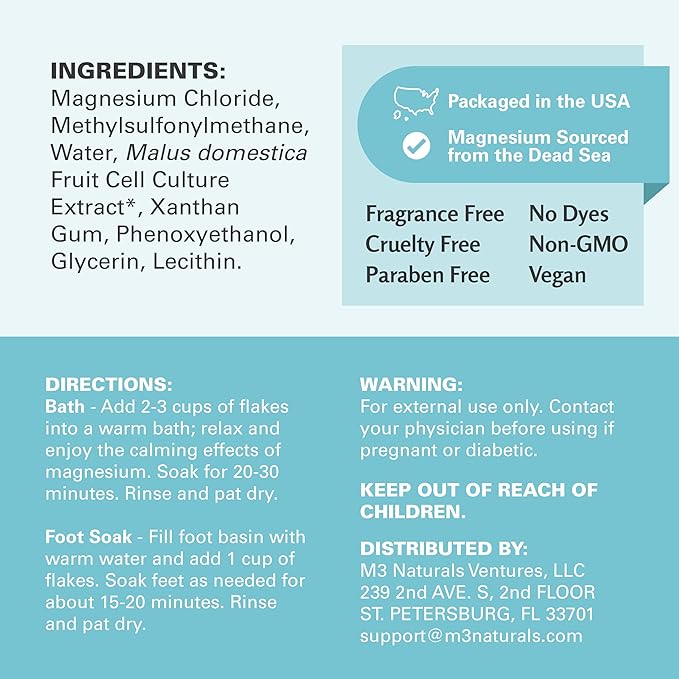 Magnesium Soak for Sports Recovery - Fast Acting Magnesium Bath Soak with Dead Sea Salt & MSM for Tired Feet & Sore Muscles - Replenishing Mineral Bath Salt for Full Body Relief (Fragrance Free) by M3