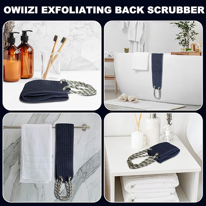OWIIZI Exfoliating Back Scrubber for Shower, Double-Sided Back Scrub Washcloth with Antiskid Handles for Use in Shower, Body Exfoliator Scrub Towel Back Washer for Men & Women-38 Inches