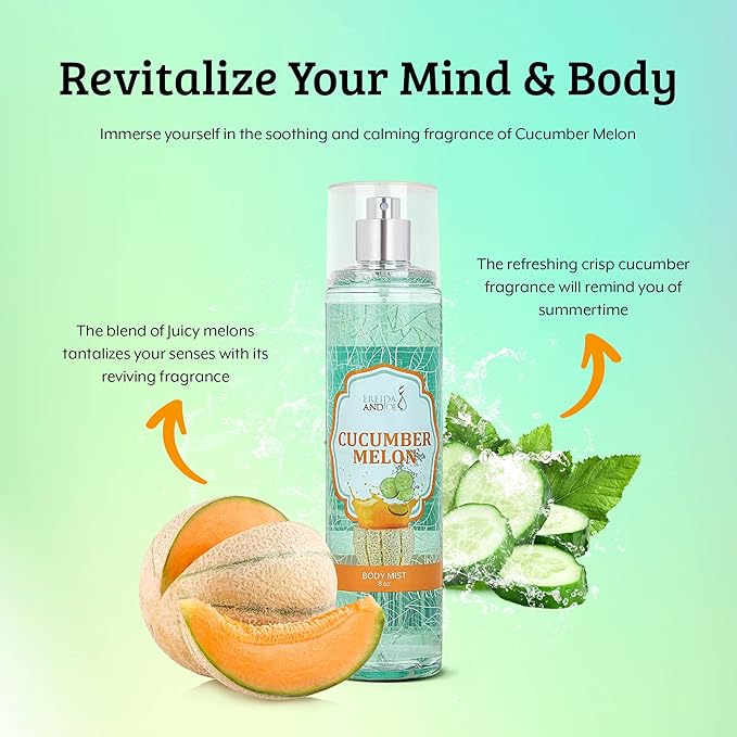 Home Spa Gift 10oz Deep Moisturizing Fragrance Body Lotion & 8 oz. Fine Fragrance Body Mist Set Luxury Self-Care Combo for Women and Girls (Cucumber Melon)