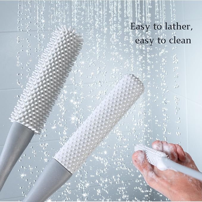 Toe Cleaning Brush with 15.7" Long Handle,Foot Scrubber in Shower,No Bending, Ideal for Seniors, Expecting Mothers, Men & Women | Foot Scrubber & Anti-Itch Exfoliating Brush (2 Pack) (Grey)