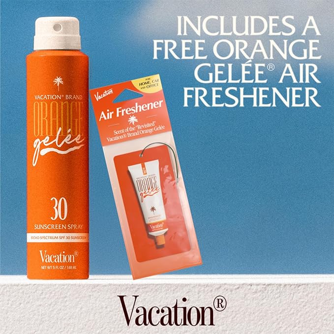 Vacation Orange Gelée SPF 30 Sunscreen Spray Oil & Air Freshener Bundle, Tanning Oil with SPF, Suntan Lotion Spray, Transparent on All Skin Tones, Dermatologist-Tested, Vegan, 5 Fl. Oz.