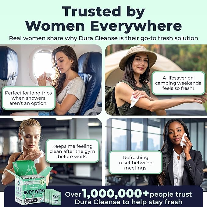 Travel Body Wipes for Women - 20 XL Shower Wipes for Adults Bathing No Rinse - Individually Wrapped 10”x10” Disposable Washcloths - Feminine Hygiene Essentials, Gym, Backpacking, Camping Must Haves