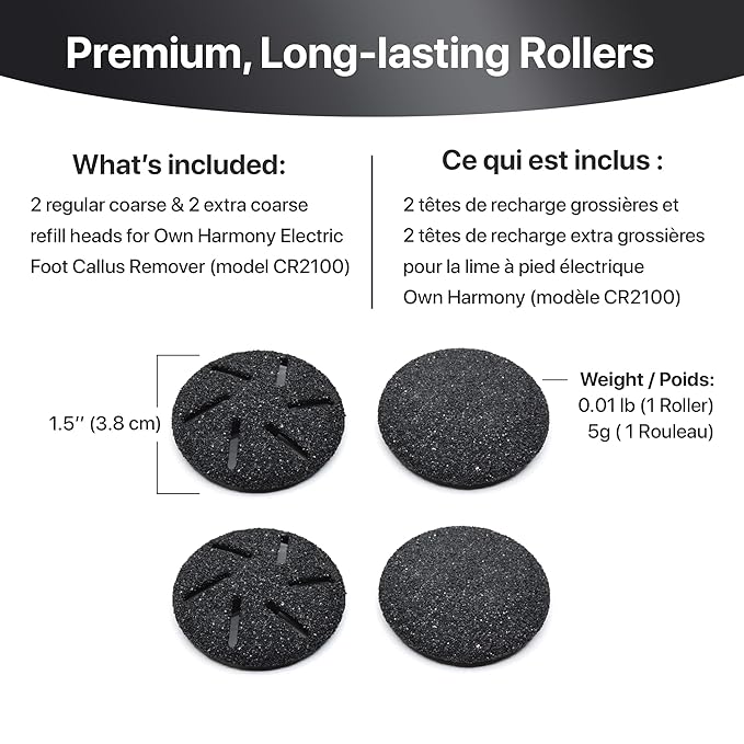 Own Harmony Refill Rollers: Best Fit for Electric Callus Remover Model CR2100 Pedicure Tools - Professional Foot Care for Smooth Feet - Refills 4 Pack Replacement Heads (2 Regular and 2 Extra Coarse)