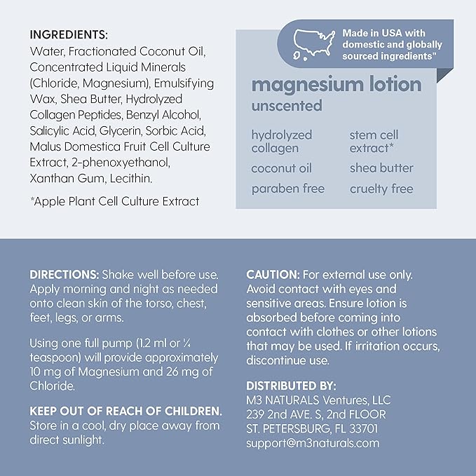 Unscented Magnesium Lotion & Spray for Sleep, Suitable for Sensitive Skin, Helps with Muscle Relaxation, Soothes Tired Legs & Foot Aches and Supports Restful Nights, 8 & 12 fl oz by M3 Naturals