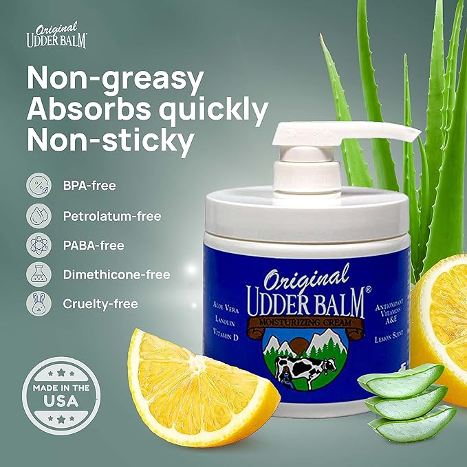Original Udder Balm Pump Jar - Made in USA - Extra Thick Udder Cream & Hand Balm for Dry Skin, Cracked Heels, Rough Hands β Deep Moisture Heel Cream & Foot Moisturizer with Aloe Vera, 16 Fl Oz