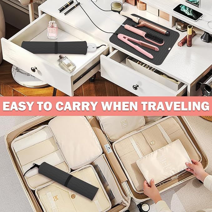 Oversize Silicone Heat Resistant Mat for Curling Irons, Hair Straighteners, Flat Irons and Hot Hair Styling Tools, Portable Wrap Pad Cover for Vanity, Travel, Salon(14.2" x 11.0")