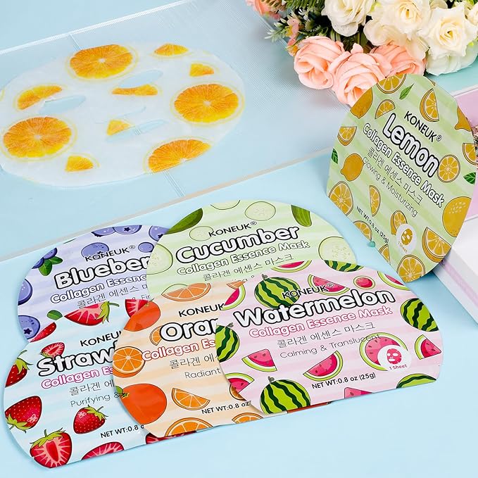 114 Pack Colorful Fruit Face Masks Skincare, Sheet Facial Mask for Dry Skin, Moisturizing & Soothing, Bulk Collagen Face Mask for Women, Christmas Stocking Stuffers, Spa Party Gifts(6 Types x 19 Pcs)