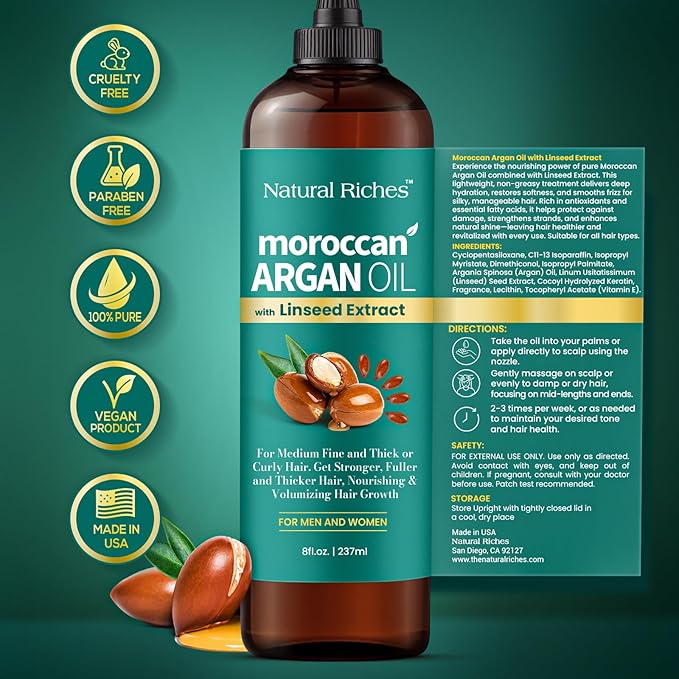 Natural Riches Moroccan Argan Oil Hair Treatment with Linseed Extract – Smooths Frizz, Detangles, Conditions & Boosts Shine – Deep Hydration for Dry, Damaged, Curly & Color-Treated Hair – 8 fl oz