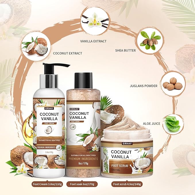 Coconut & Vanilla Foot Soak Set - Salts, Foot File, Scrub & Urea Cream Pedicure Supplies for Dry, Cracked Feet - Foot Spa Pedicure Kit for Women Men