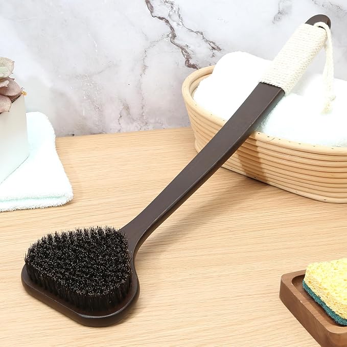 Bamboo Back Scrubber with Curved Long Handle, 17.3 Inches Exfoliating Shower Brush with Extra Stiff Bristles for Men and Women, Back Washer Body Exfoliator for Bath or Dry Brushing