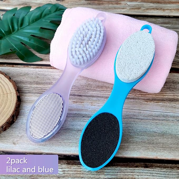 Foot Brush and Pumice Stone - 4 Pack Foot Brush Scrubber for Shower 4 in 1 Pedicure Foot File Exfoliator for Foot Care - Purple and Blue