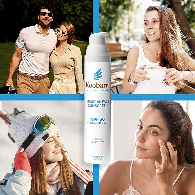 Mineral Face Sunscreen SPF 50, Tinted Aussie Zinc Oxide Sunblock with Hydrating Hyaluronic Acid, Reef Safe, Natural, Vegan, Australian Made, 80min Water Resistant, Unscented, 100g 3.4oz