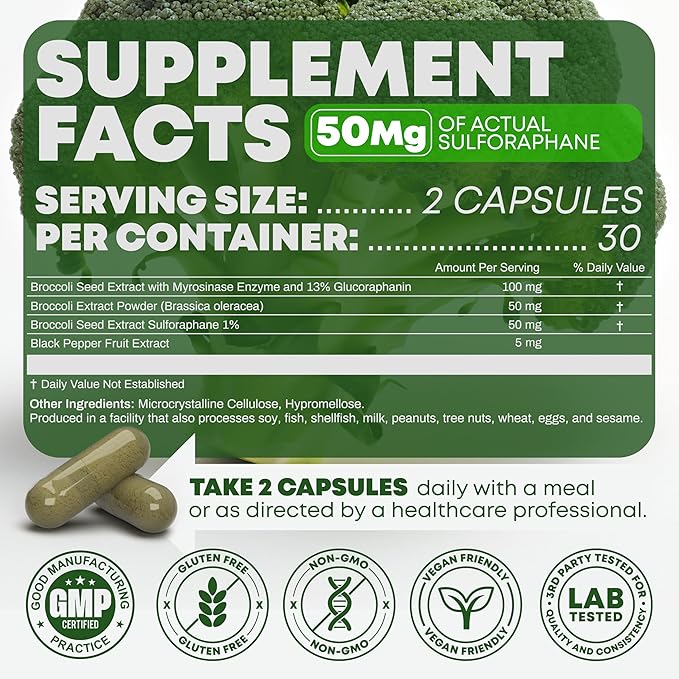 5000mcg of Real Lab-Verified Sulforaphane Supplement - Broccoli Seed Extract 50mg Supplements - Promotes Cognitive Function, Liver & Cellular Support - 60 Vegan Capsules/Pills
