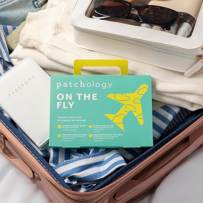 Patchology On The Fly Travel Skincare Kit, Travel-Friendly Hydrating Skin Essentials, Includes 2 Pairs of Eye Patches, 2 Hydrating Face Mask Sheets & 1 Lip Mask, Christmas Gifts & Stocking Stuffers