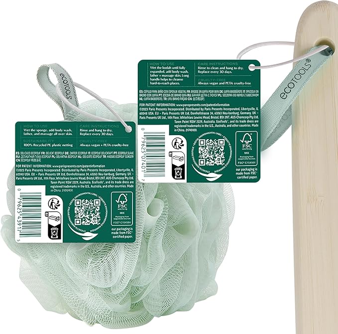 EcoTools Loofah Bath Brush with Long, Ergonomic Bamboo Handle + Green Delicate EcoPouf Made with Recycled Netting for Cleansing & Exfoliating Sensitive Skin, Self-Care Gifts