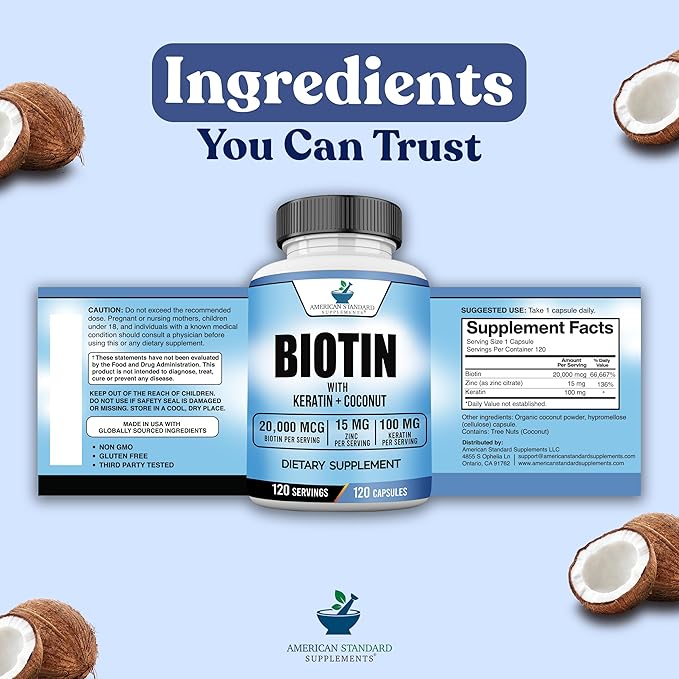 American Standard Supplements Biotin 20,000mcg with Keratin, Coconut Powder and Zinc, Biotin Supplement for Women and Men,120 Veggie Capsules, 120 Day Supply