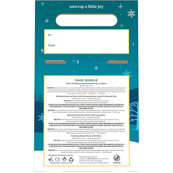 Burt’s Bees Christmas Gifts, Mask Bundle Stocking Stuffers Gift Set; Moisturizing Lip Mask, Ultra Conditioning Lip Balm, Refreshing Sheet Mask, Calming Sheet Mask; Festive Packaging; 1 Gift Set