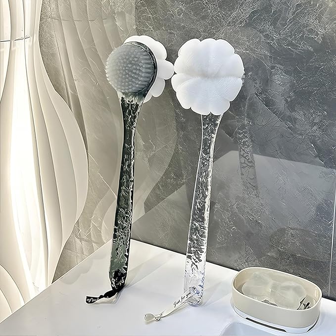 Body Brush Dual-Sided Shower Brush Back Scrubber, Premium Medium Soft and Stiff Bristles,Back Scrubber for Shower, Perfect Durable Non-Slip Long Handle Bath Brush (Transparent Handle)