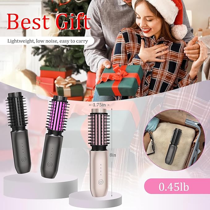 Cordless Hair Curling Iron Brush, Travel Curl Brush, 3-in-1 Portable Curling Iron Cordless, Plasma Thermal Hair Brush, 7000mAh USB Rechargeable Curlings Wand, Mini Hot Curlings Brush-Blush Pink