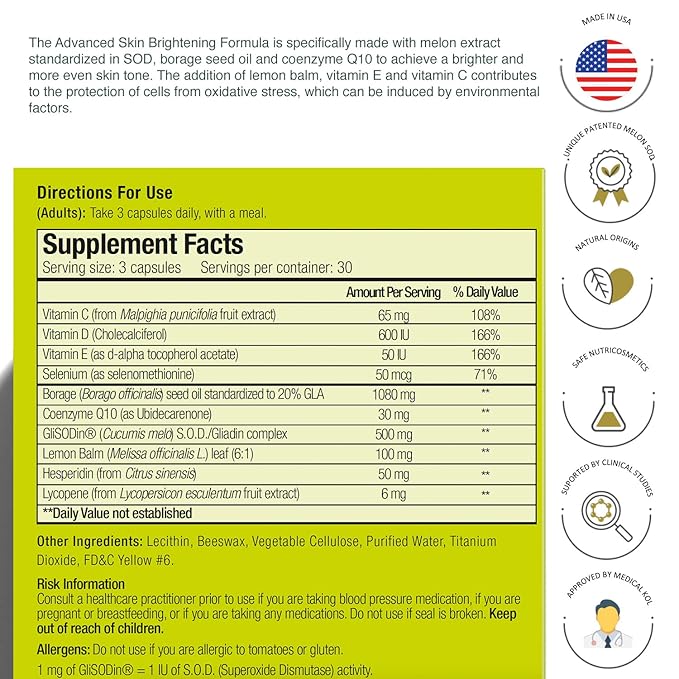 Glisodin Skin Nutrients Advanced Skin Brightening Formula – for Brighter, Clearer, and Firmer Complexion – Helps Reduce Blemishes - 90 Capsules