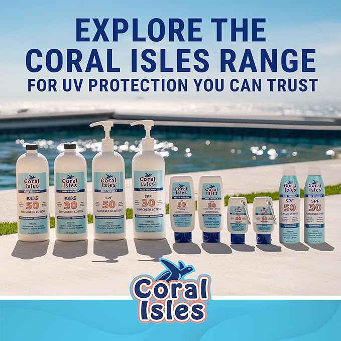 Coral Isles Sunscreen SPF 50 | Hawaii Compliant | Octinoxate & Oxybenzone Free | Broad Spectrum UVA/UVB Protection | Water Resistant 80 Min. | Fragrance Free | 32 Fl Oz Quart w/Pump