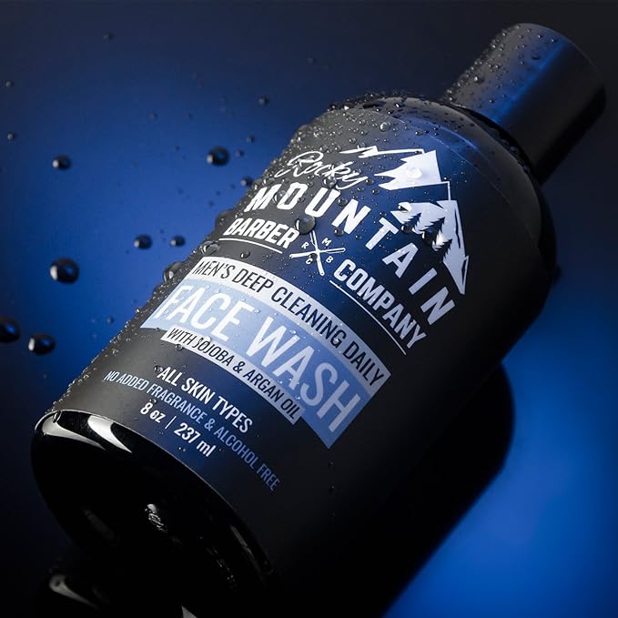 Rocky Mountain Barber Company Men's Daily Face Wash - With Jojoba Oil, Argan Oil, Chamomile Floral Water and Aloe Vera – Unscented - 8 oz