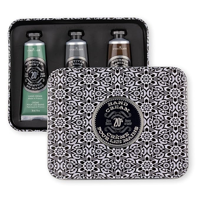 La Chatelaine Hand Cream Unisex Gift Set, Ready-To-Gift Hand Lotion, Travel Size, Natural Hand Cream Made in France with 20% Organic Shea (Moroccan Mint, Vetiver Cedar, Bourbon Vanilla) 3 x 1 fl oz