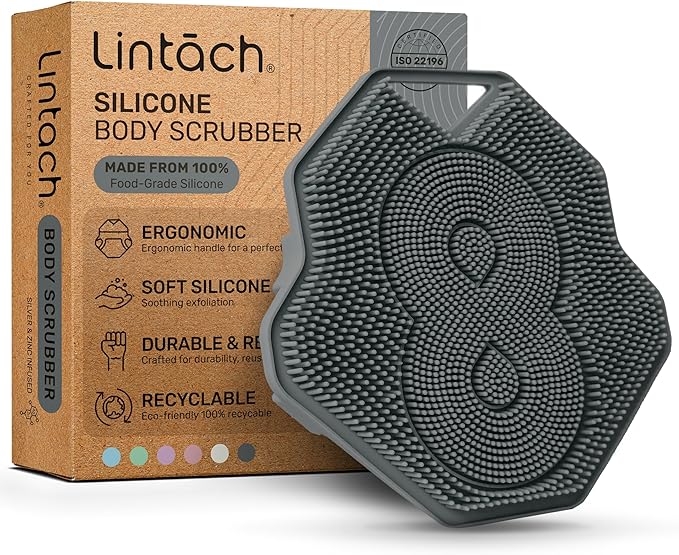 Silicone Shower Scrubber for Body – Exfoliating Loofah Alternative, Silver-Infused & Hygienic, Gentle for Sensitive Skin, Durable & Long-Lasting Body Scrubber for Men - Gray