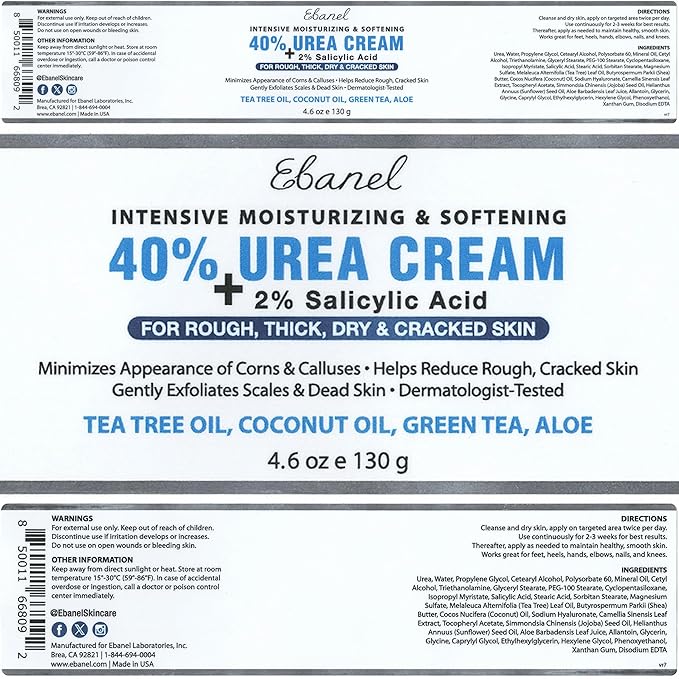 Ebanel Urea Cream 40% plus Salicylic Acid 2%, Foot Cream for Dry Cracked Heels Feet Knees Elbows Hands, Foot Dead Skin Cuticle Callus Remover Toenail Softener, Keratolytic Skin Barrier Repair