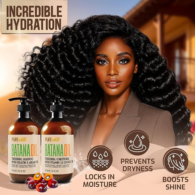 Batana Oil Shampoo and Conditioner Set - Thickening, Sulfate Free Formula for Women and Men - Volumizing, Moisturizing, Professional Salon Care Products for Fine, Thinning Hair - 16 Fl Oz (Pack of 2)