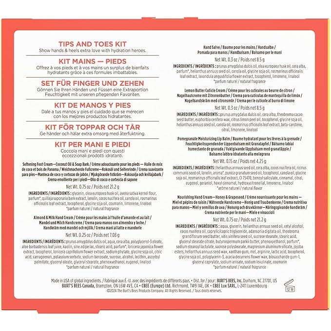 Burt's Bees Christmas Gifts - Tips and Toes Kit, 6 Travel Size Products for Stocking Stuffers - Pomegranate Moisturizing Lip Balm, 2 Hand Creams, Foot Cream, Cuticle Cream, and Hand Salve