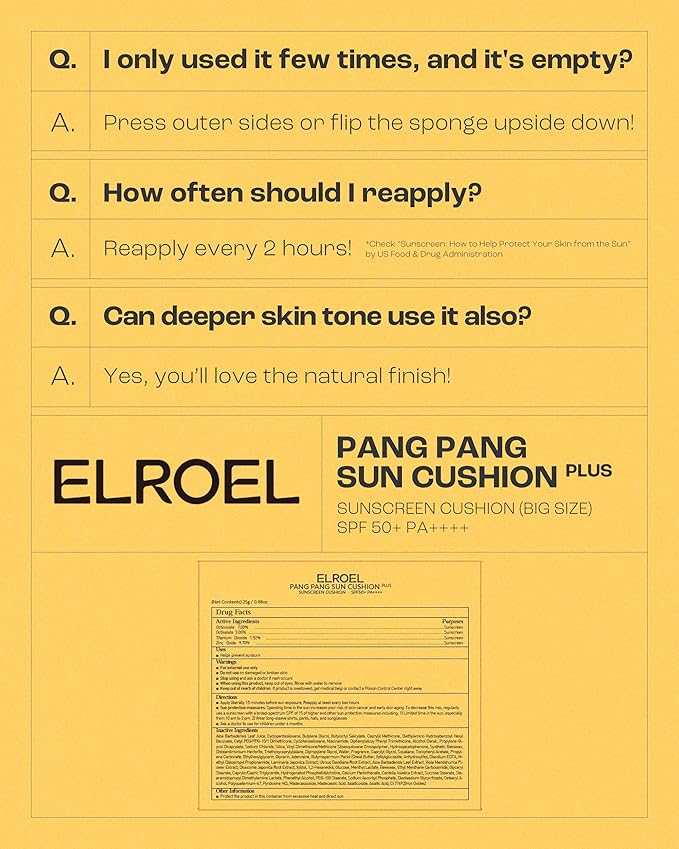 Pang Pang Big Sun Cushion Plus - Broad Spectrum SPF50+ PA++++ Korean Sunscreen Cushion for Face & Body - Hypoallergenic & Lightweight Sun Cream, No White Cast (0.88 oz)
