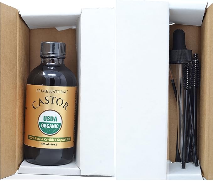 PRIME NATURAL Organic Castor Oil (4oz / 120ml) - USDA Certified Organic, Pure, Cold Pressed, Thick, Hexane Free - Stimulate Growth for Eyelashes, Eyebrows, Hair, Skin Moisturizer