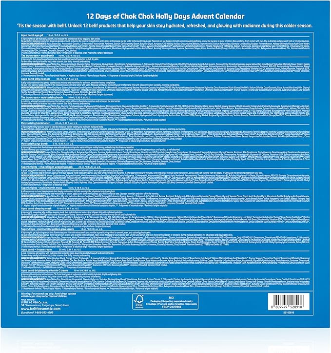 belif Chok Chok Holly Day Skincare Gift Set Advent Calendar 2025 – 12 Days of Glass Skin K-Beauty Skincare, Aqua Bomb Daily Moisturizer, Cooling Eye Gel, Vitamin C Cream, Anti aging, Korean Skincare, Christmas Stocking Stuffers