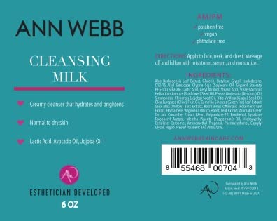 Facial Milk Cleanser - Gentle Daily Face Wash for All Skin Types. Thick, Hydrating, Moisturizing Cleanser w/Lactic Acid AHA Nourish & Rejuvenate 2oz