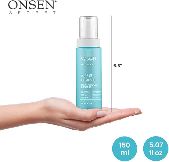 Onsen Secret Japanese Aloe Vera Face Wash - Premium Nightly Facial Cleanser for Makeup Removal, Heals Dry & Sensitive Skin, Hyaluronic Acid, Curry Leaf Oil, Vitamin C & E, Gel Cleanser