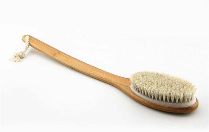18” Extra Long Handle Dry Bath Body Brush Back Scrubber, Bent Bamboo Handle Bath & Shower Brush with Soft Dense Horsehair Mane Natural Bristles. (White)