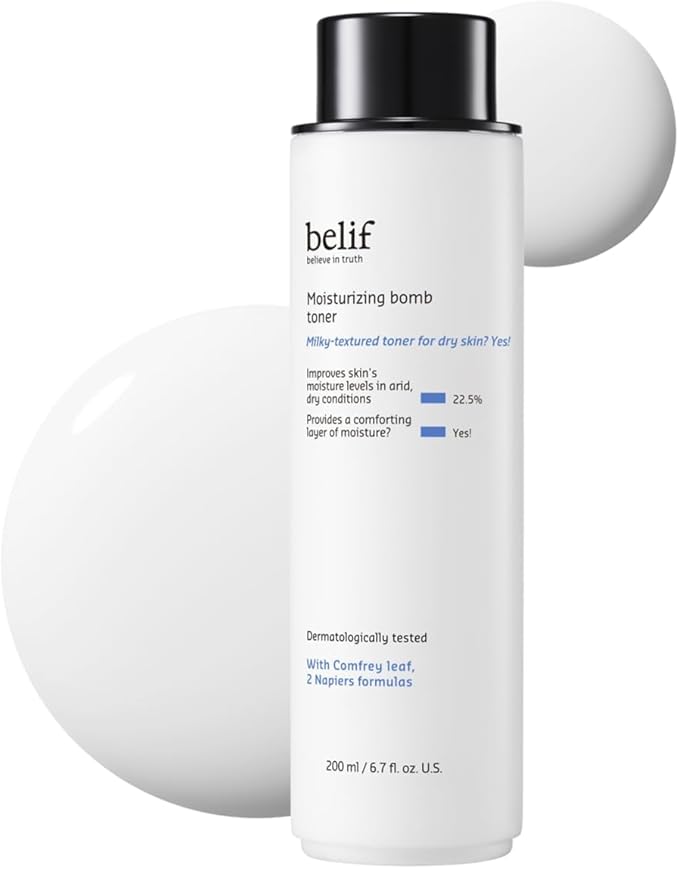 belif Niacinamide Hydrating Toner – Aqua Bomb Lightweight Cooling with Hyaluronic Acid, Soothing and Balancing Formula, Skin Barrier Repair, Korean Skincare (6.7 Fl Oz (Pack of 1), Milky Toner)