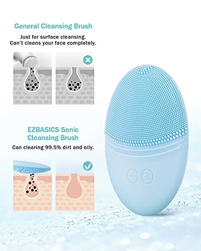 EZBASICS Facial Cleansing Brush, Waterproof Sonic Vibrating Face Brush for Deep Cleansing, Gentle Exfoliating and Massaging, Inductive charging (Blue)